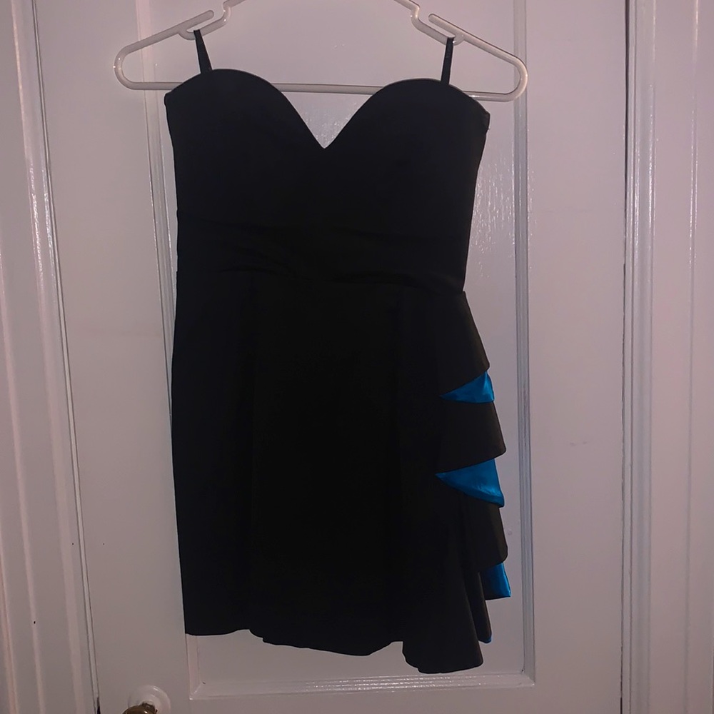 Black and Blue; Bebe Ruffle Strapless Dress